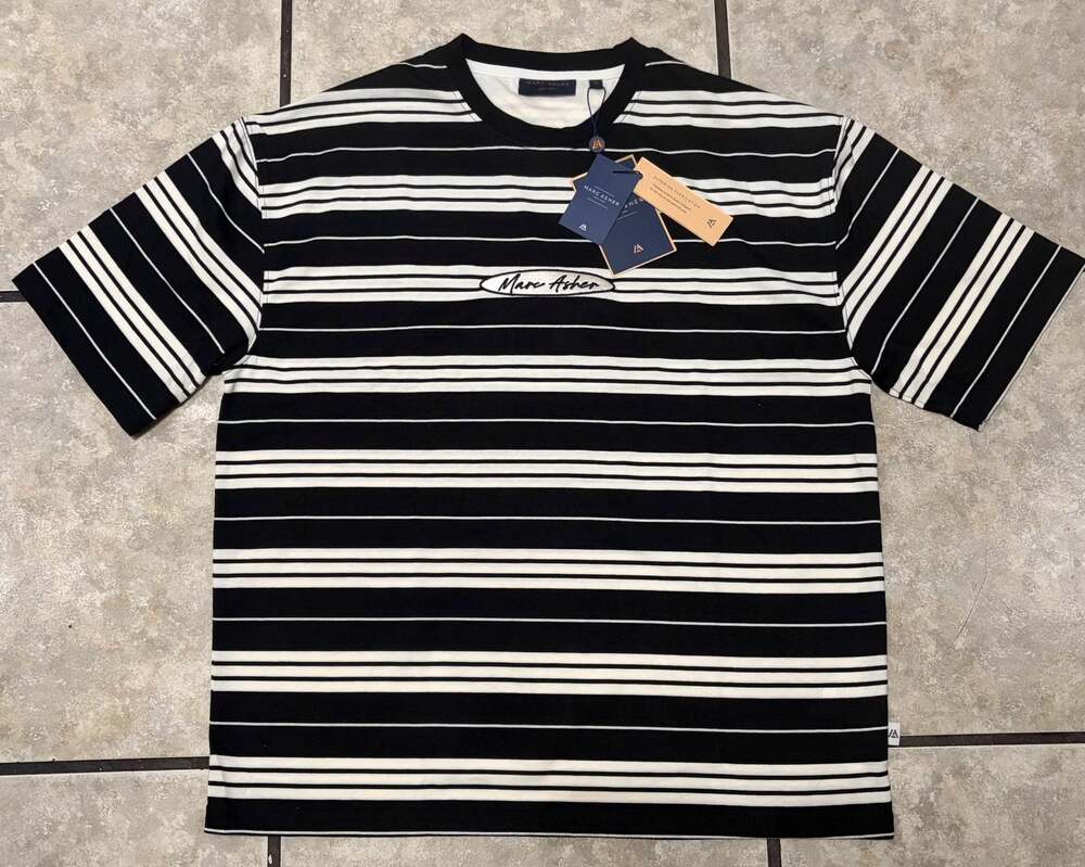 Marc Asher New York Black and White Striped Embroidered Logo T-Shirt